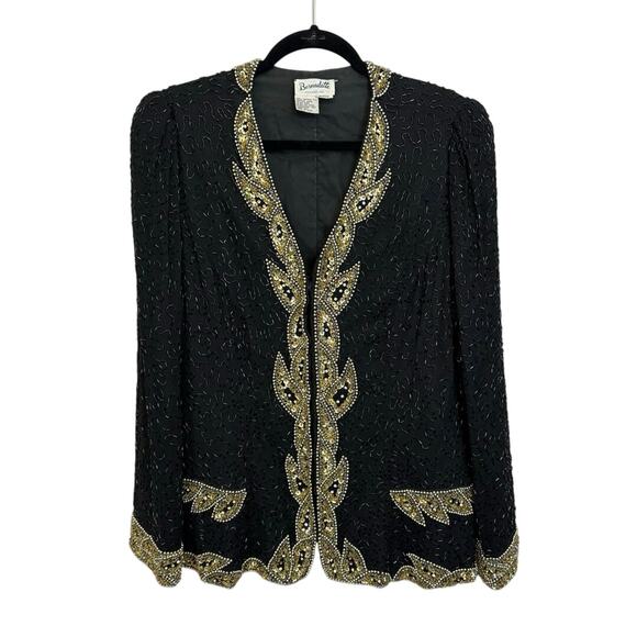 Vintage 80s Bernadette Designs Inc Blazer L Black Silk Beaded Sequin Evening - Picture 1 of 7